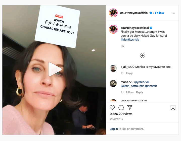 Countney Cox Instrgram showing Friends filter